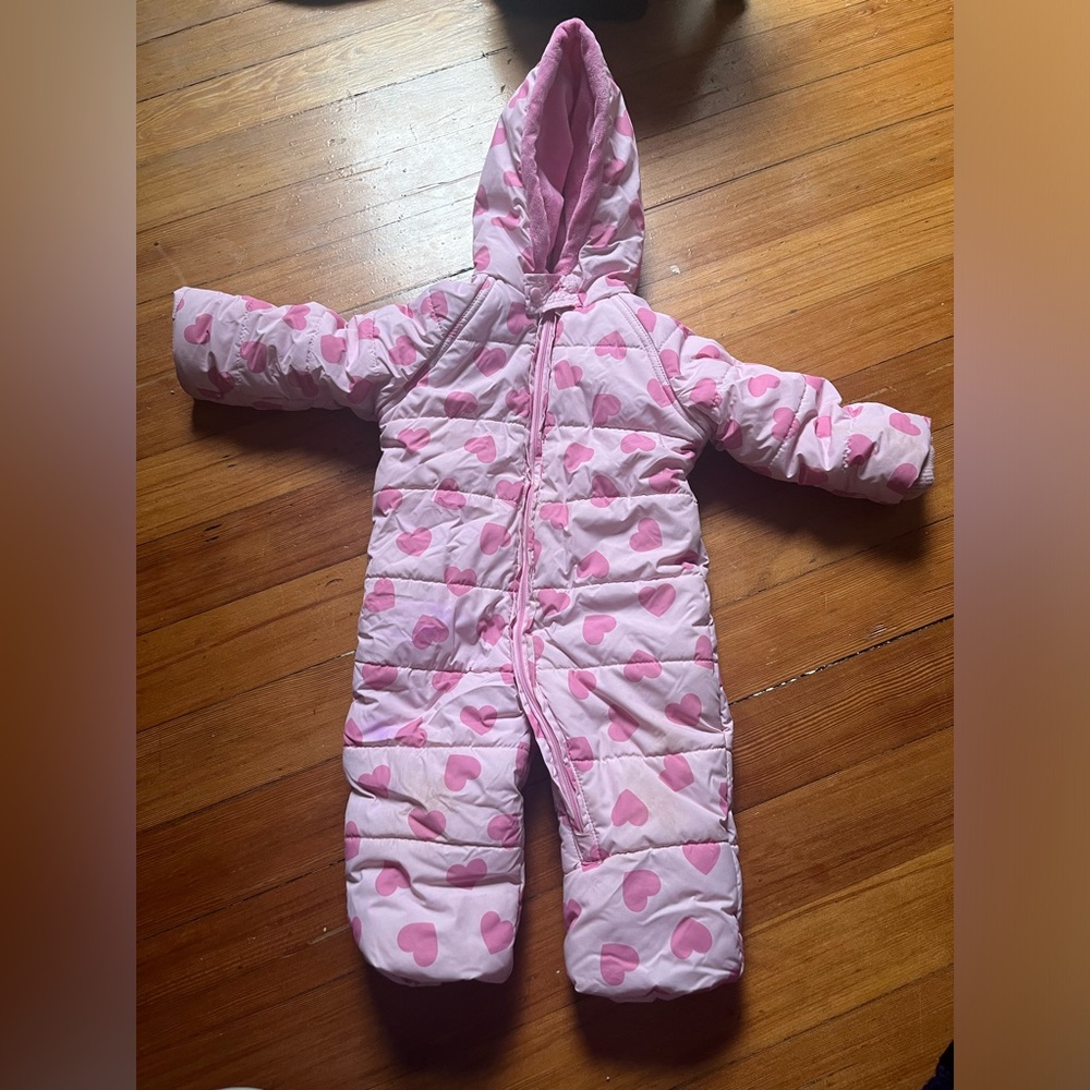 12 months pink snowsuit with hearts!